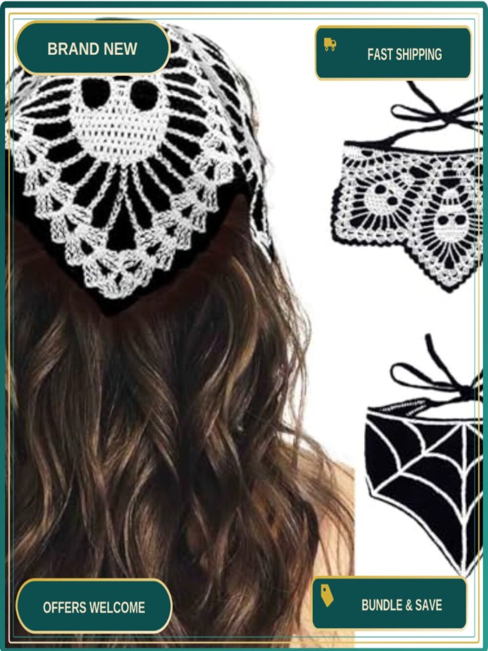Skull Crochet Headband Gothic Bandana Web Head Scarf Halloween Hair Accessories